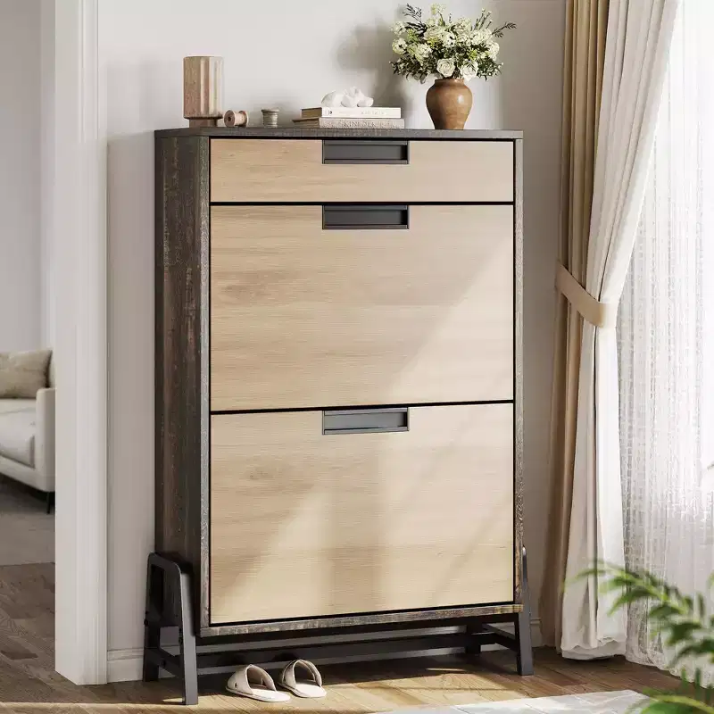 Shoe Storage Organizer with 2 Flip Drawers and 1 Drawer, Freestanding Narrow Shoe Rack