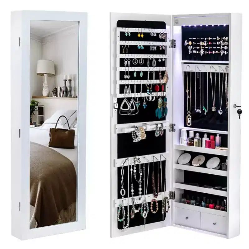 Jewelry Cabinet, Wall/Door-Mounted Non-Full Mirror Organizer Wooden Storage Box for Earrings/Necklaces/Bracelets/Watches/Sunglasses White