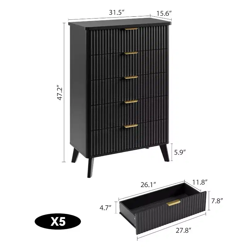 Fluted Dresser for Bedroom with 5 Deep Drawers, 47.2 in Tall Chest of Drawers, Curved Profile Design, Modern Wooden Dresser for Living Room Hallway