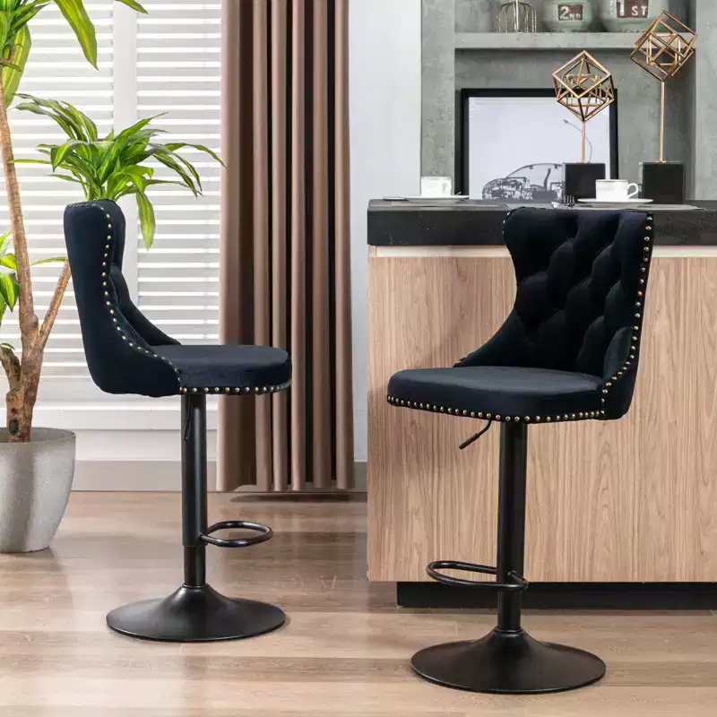 2 Turning Velvet Bar Stools, Adjustable Height, Tufted Back, Modern Upholstered for Kitchen, Pub, Dining Room