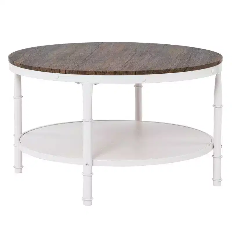 30.71in Double-Layer Round Dark Walnut Black Vein MDF Panel, White Wrinkled Baked Iron Frame, Industrial Style Coffee Table