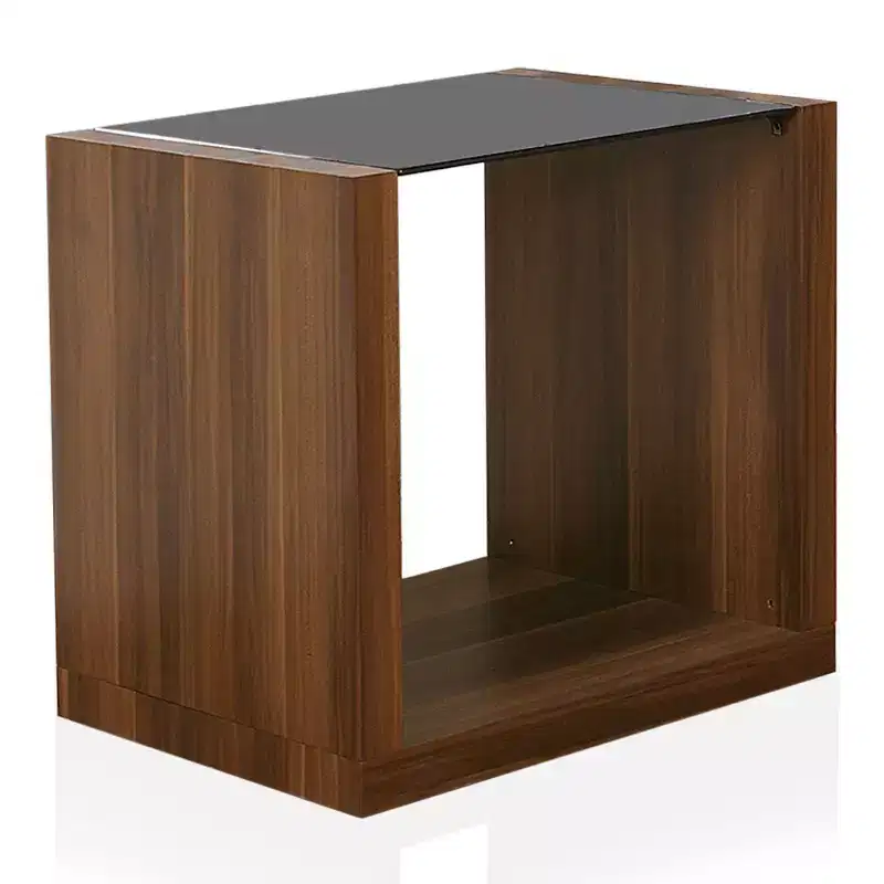 Tempered Glass Insert End Table Dark Walnut with Open Shelf and Gold Highlights
