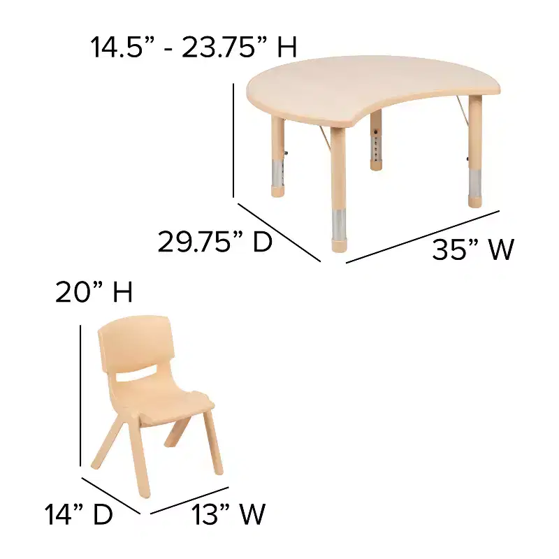 Emma and Oliver 25.125W x 35.5L Crescent Natural Plastic Adjustable Kids Table Set - 4 Chairs