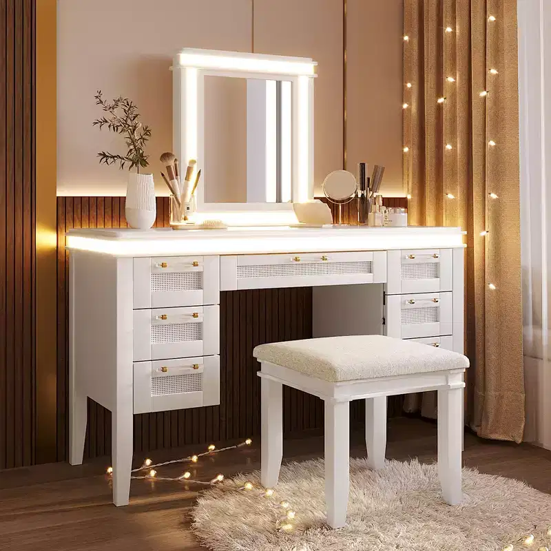 48-Inch Modern Makeup Vanity Desk with Lighted Mirror, 7 Drawers, Matching Stool for Bedroom, Light Beige Finish