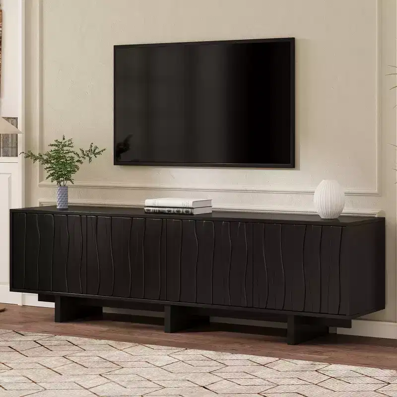 TV Stand Retro Wood Grain, Corrugated Doors, Fits TVs up to 75, Country-Style Media Console with Ample Storage, Sturdy Base