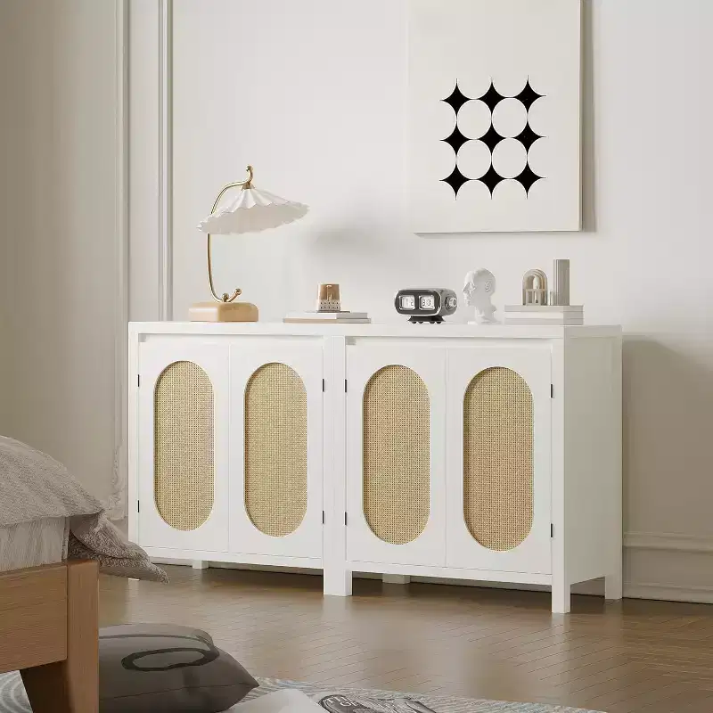 COZONY 30 Mid Century Rattan Sideboard Buffet with Adjustable Shelves, Retro Storage Cabinet for Living Room or Dining Room
