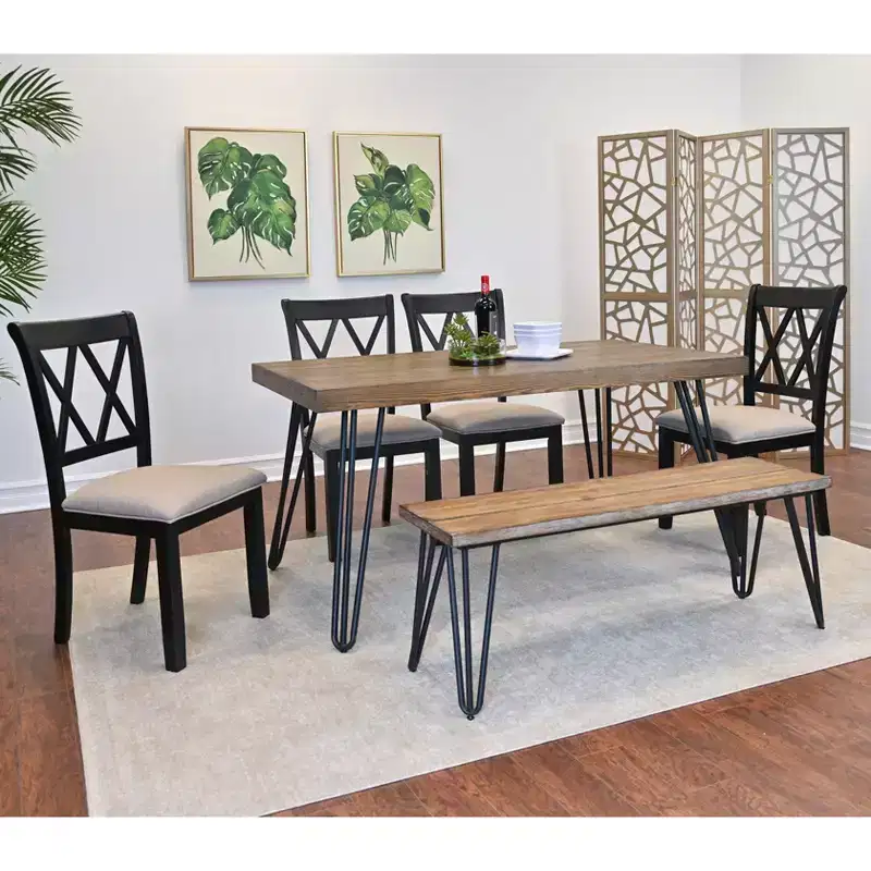 Roundhill Furniture Arroyo Dining Set, Hairpin Dining Table with 4 Cross-back Chairs and Bench, Rich Black, 6-Piece
