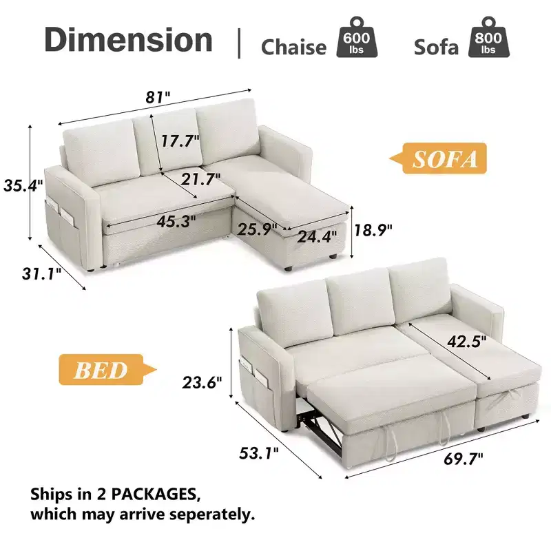 Dyonery 2 in 1 Pull Out Couch with Reversible Storage Chaise for Room 81Sectional L-Shaped Couch Sofa Sleeper with Side Pockets