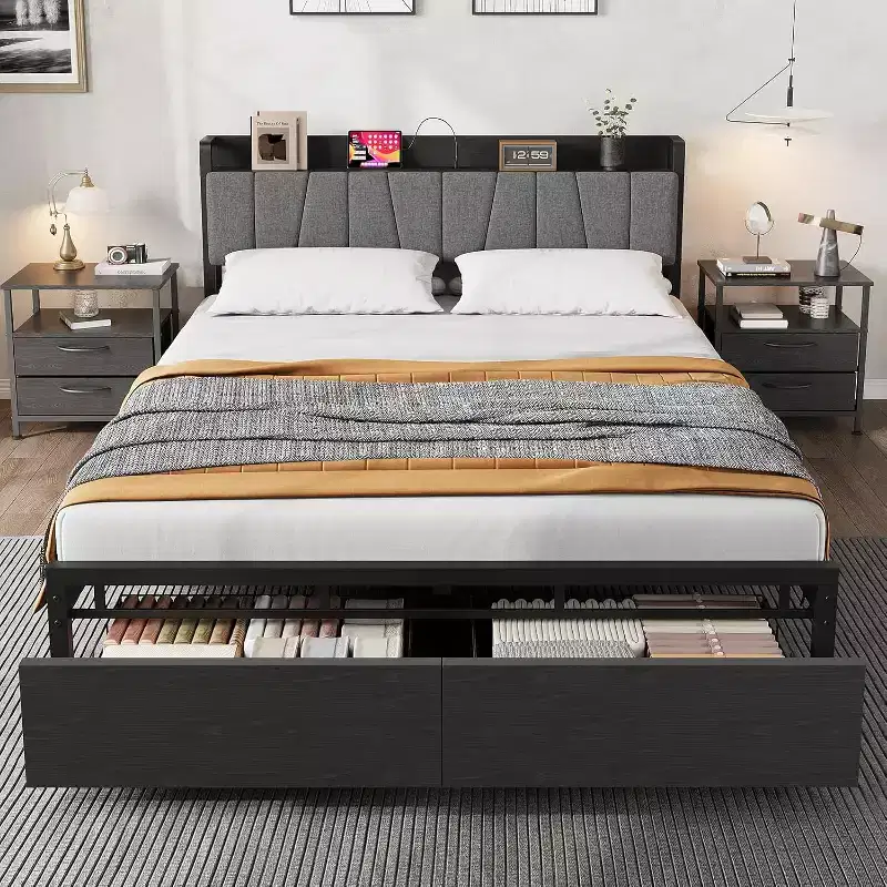Bed frame with storage headboard, full-size platform bed with 2 large drawers and charging station, industrial style, no spring mattress required.
