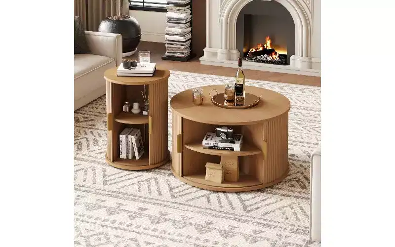 TUYOHW 2-Piece Wood-Grain Coffee Table Set, Fluted Tambour Door Storage Center Table, Round Fluted End Table,Tall & Low Side Table with Wooden Finish