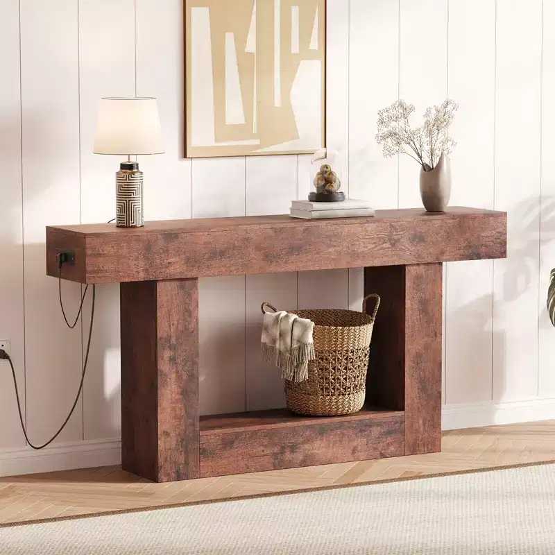Farmhouse Console Table with Storage Shelf & Charging Station  63 2-Tier Narrow Wood Sofa Side Table for Entryway, Hallway, Living Room