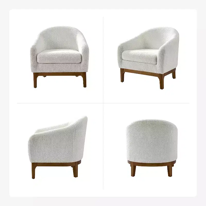 Boucle Barrel Armchair Set of 2 Solid Wood Legs High-Density Foam Dual-Sided Cushion