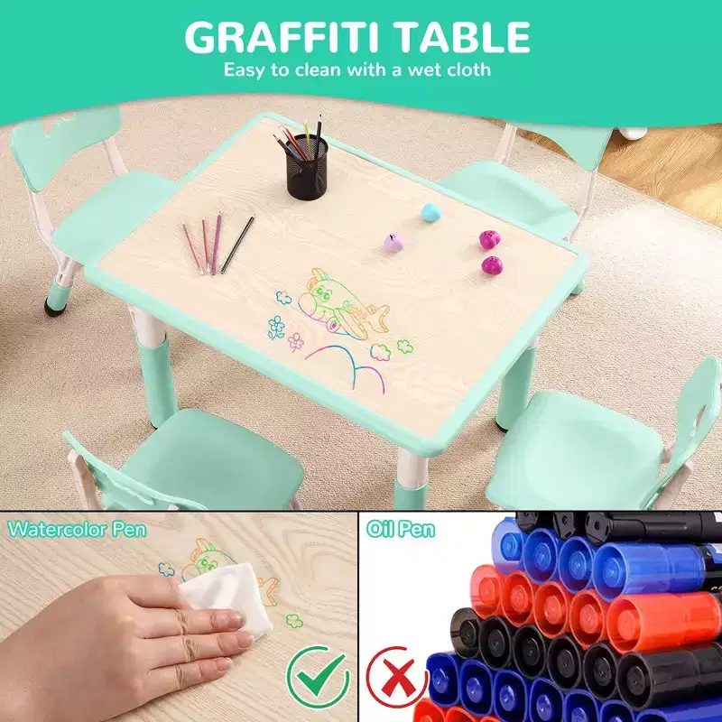Garvee Kids Table and Chairs Set, Height Adjustable Desk With 4 Seats