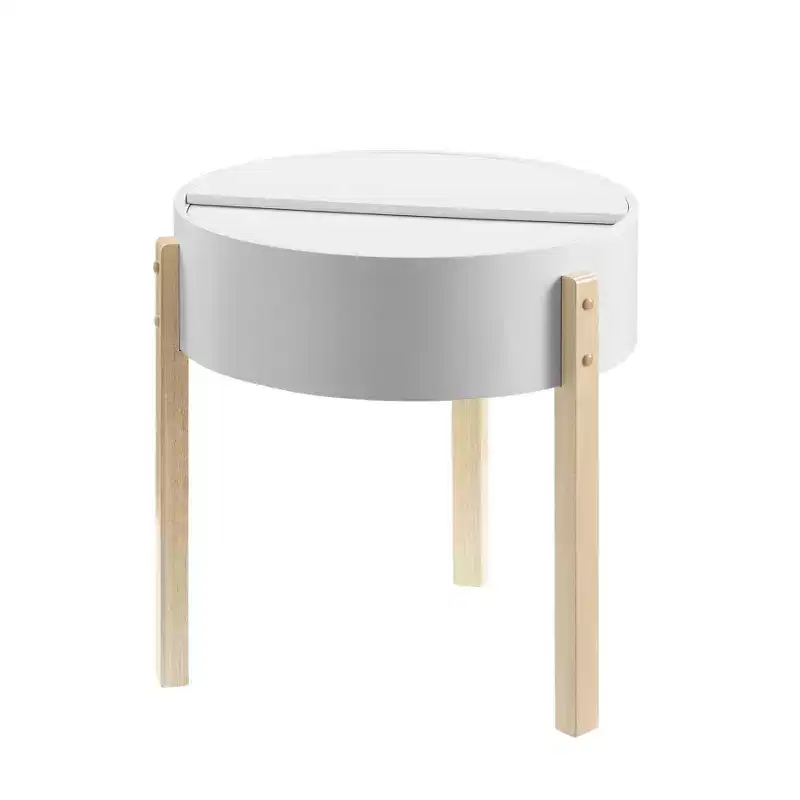 Mid-Century Modern End Table, White/Natural, Hidden Storage, Compact
