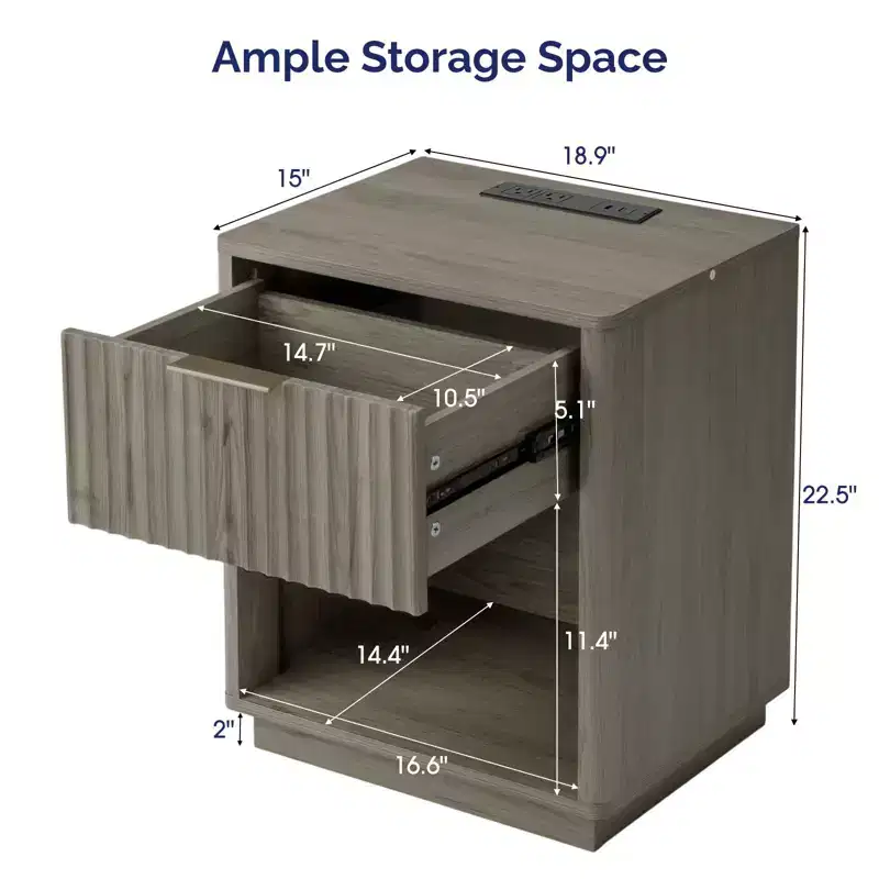 1-Drawer Gray MDF Nightstand, 18.9