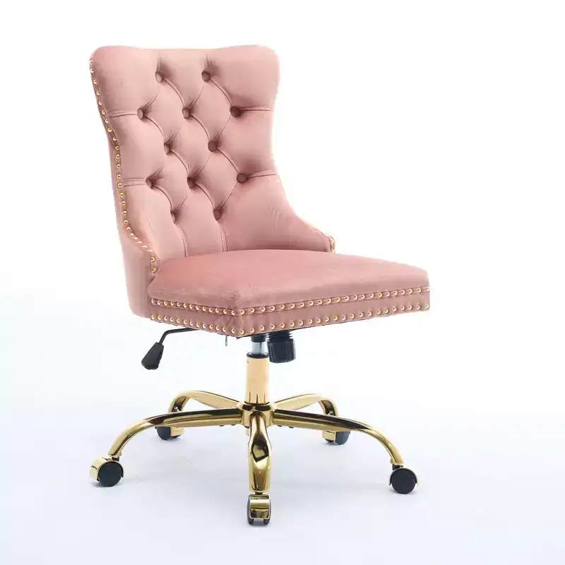 Adjustable Desk Chair Swivel Office Chair, Modern Velvet Upholstered Tufted Button Home Office Chair with Golden Metal Base, Pink