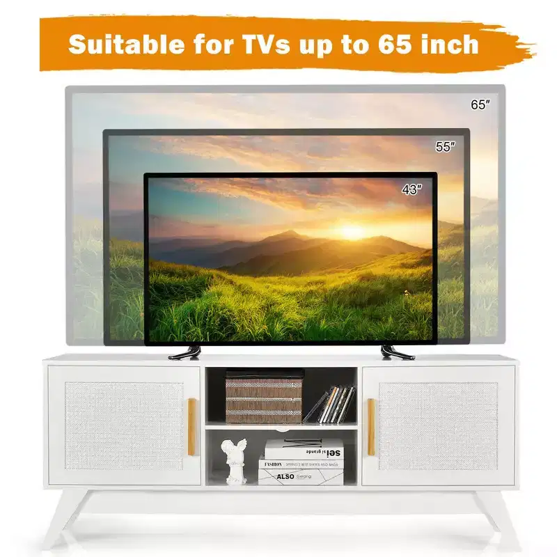 Costway TV Stand Entertainment Media Console w/ 2 Rattan Cabinets & Open Shelves