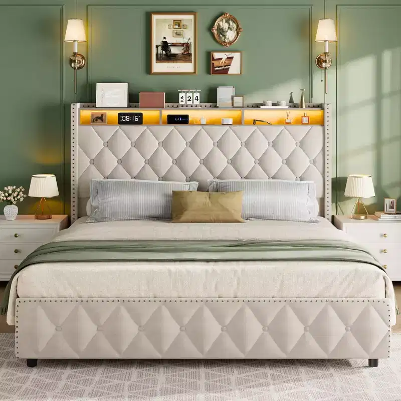 Platform Velvet Upholstered Bed Frame with 4 Storage Drawers, USB Charging Station, LED Lights, No Box Spring Needed, Easy Assembly