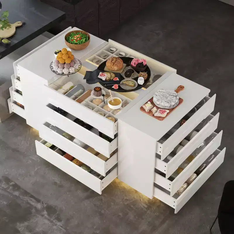 Famapy Multi-Functional Kitchen Island Dresser with High - Gloss Finish: Ample Drawers,Integrated LED,Organized Storage  Maximize Space