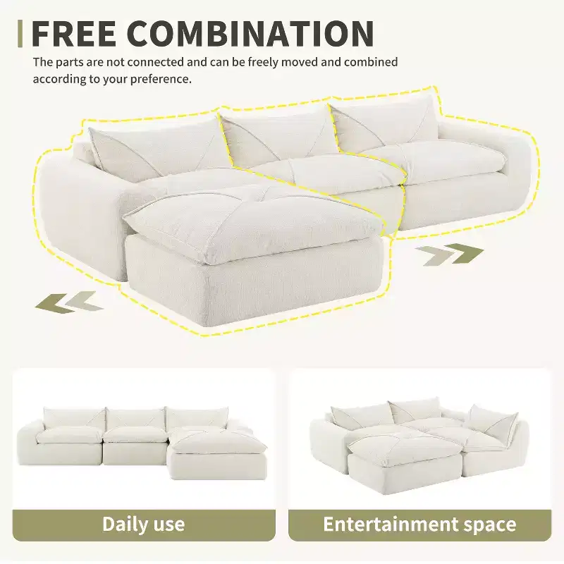 Whisen 116 Modular 4-Seat Sofa Bed, Spacious Foam Filled, Elderly/Baby Safe, No Assembly, Free Combination