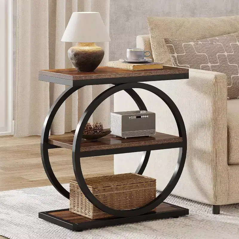 Lantine Narrow End Table with 3 Storage Shelves, Industrial Small Sofa Side Table with Black Metal Frame for Living Room, Slim Nightstand for Bedroom