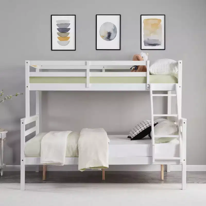 Twin over Full Bunk Bed with Ladder  Wooden Frame with High Guardrails for Kids  No Box Spring Needed  Sturdy and Space-Saving  White