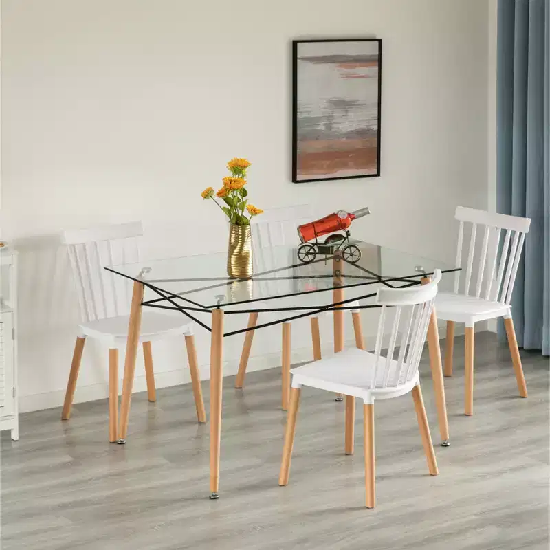 Fabulaxe Rectangle Clear Glass Top Accent Dining Table with 4 Beech Metal Frame Solid Wood Legs | Modern Space Saving Small Leisure Tea Desk