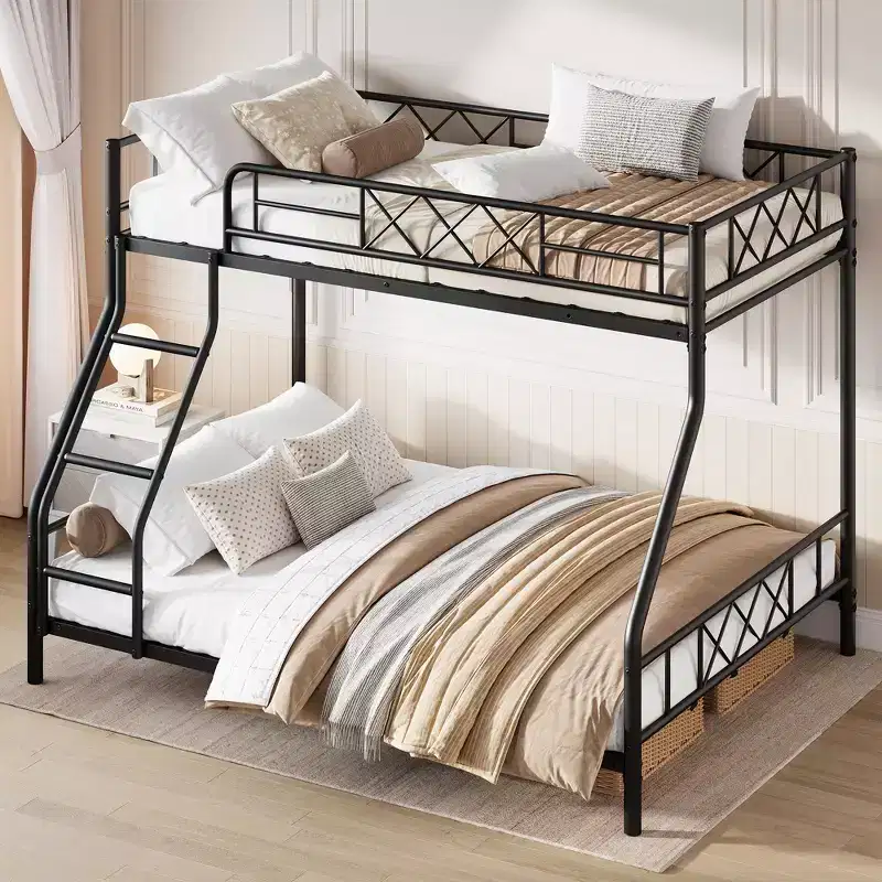Metal Twin Over Full Bunk Bed for Adults & Teens, Low Profile Bunk Bed with Safety Guardrail and Ladder, No Box Spring Needed, Space-Saving