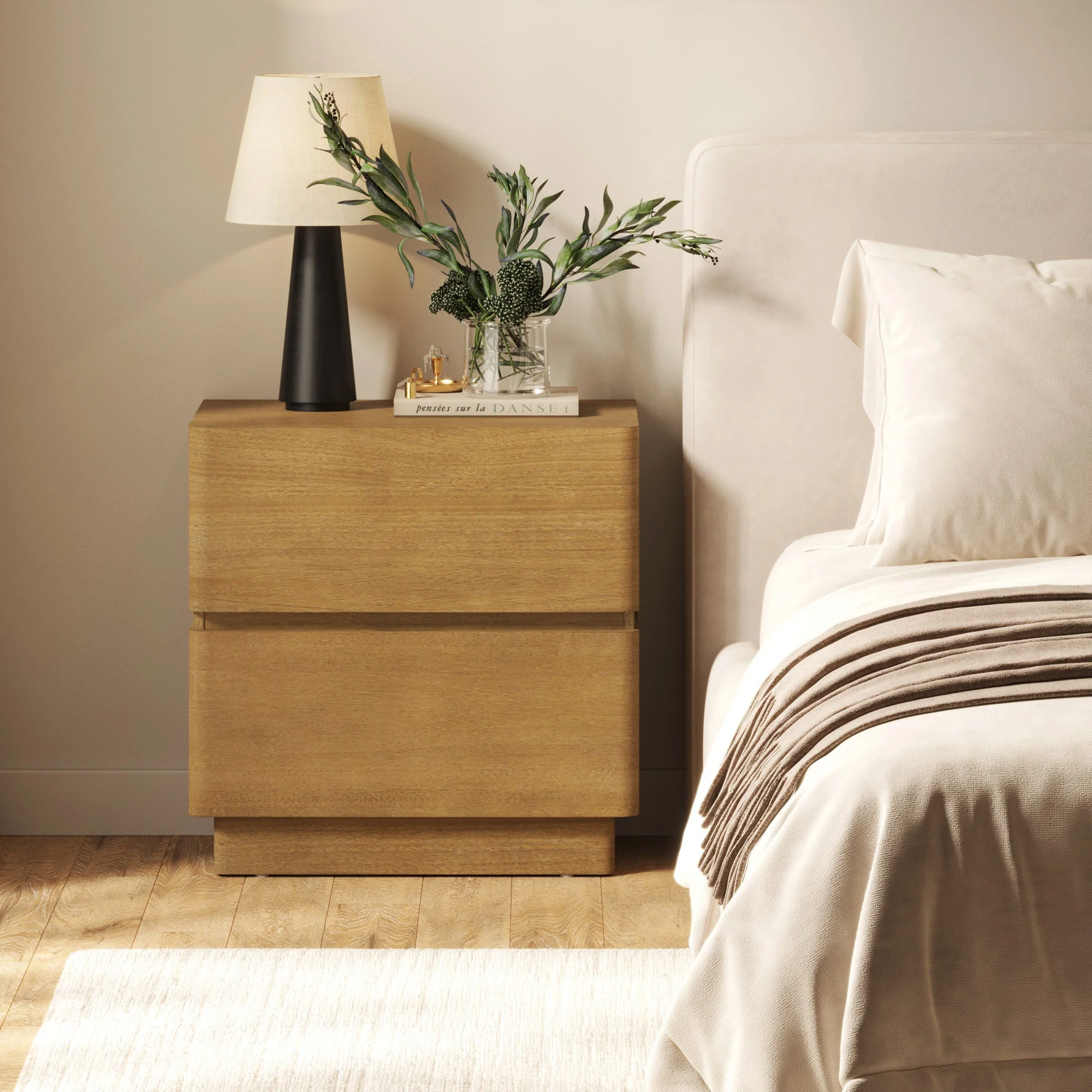 Modern Wood 2 Drawer Nightstand with Rounded Edges Light Brown