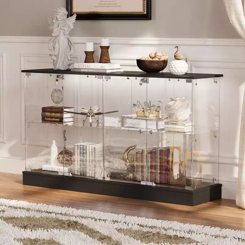 Glass Display Cabinet with 3-Mode LED Lights and Lockable Doors