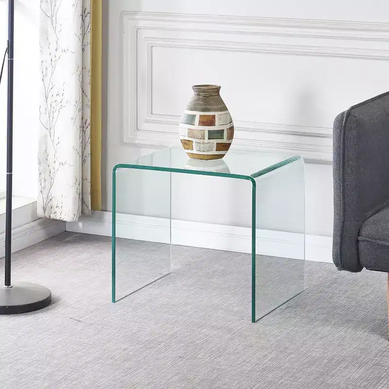 Tempered Bent Glass End Table, Modern Side Table for Living Room and Bedroom