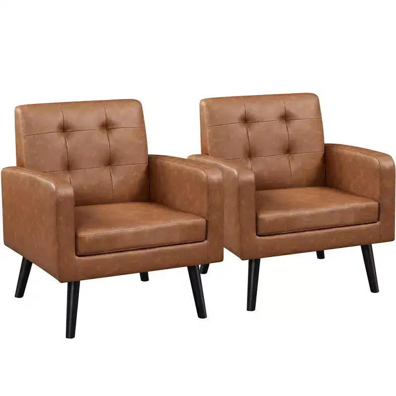 Yaheetech Set of 2 Faux Leather Tufted Back Arm Chair Accent Chair with Solid Wood Legs