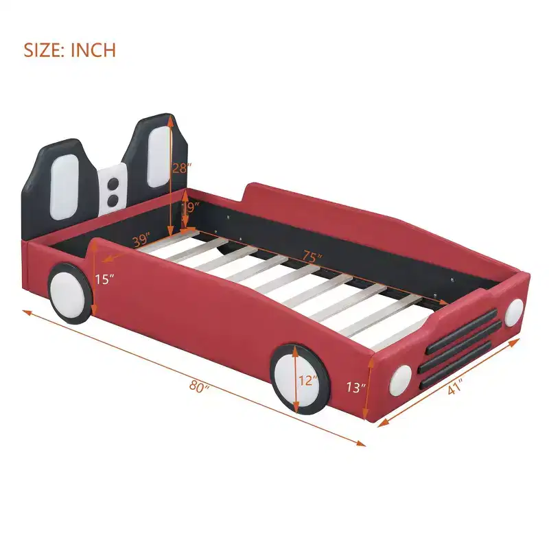 Luxystar Twin Size Race Car-Shaped Platform Bed with Guardrail for Kids' Room