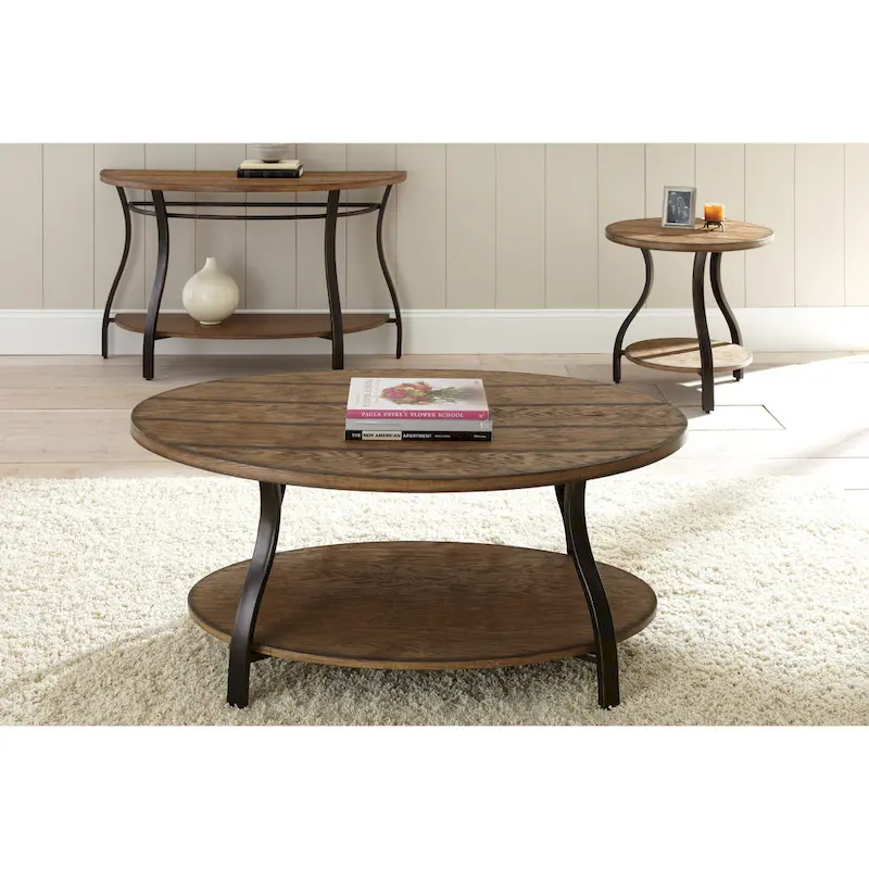 Oval Wood and Metal Coffee Table, Rustic Industrial Style, Living Room Accent Table with Lower Shelf