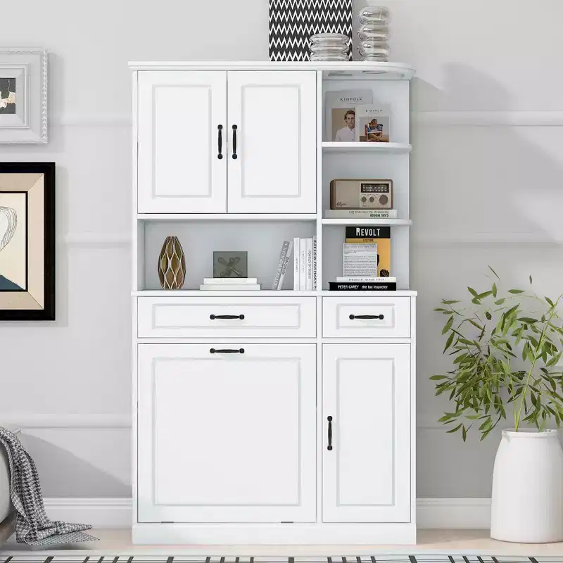 White Tall Freestanding Storage Cabinet Drawers Doors Adjustable Shelves Flip Drawer MDF