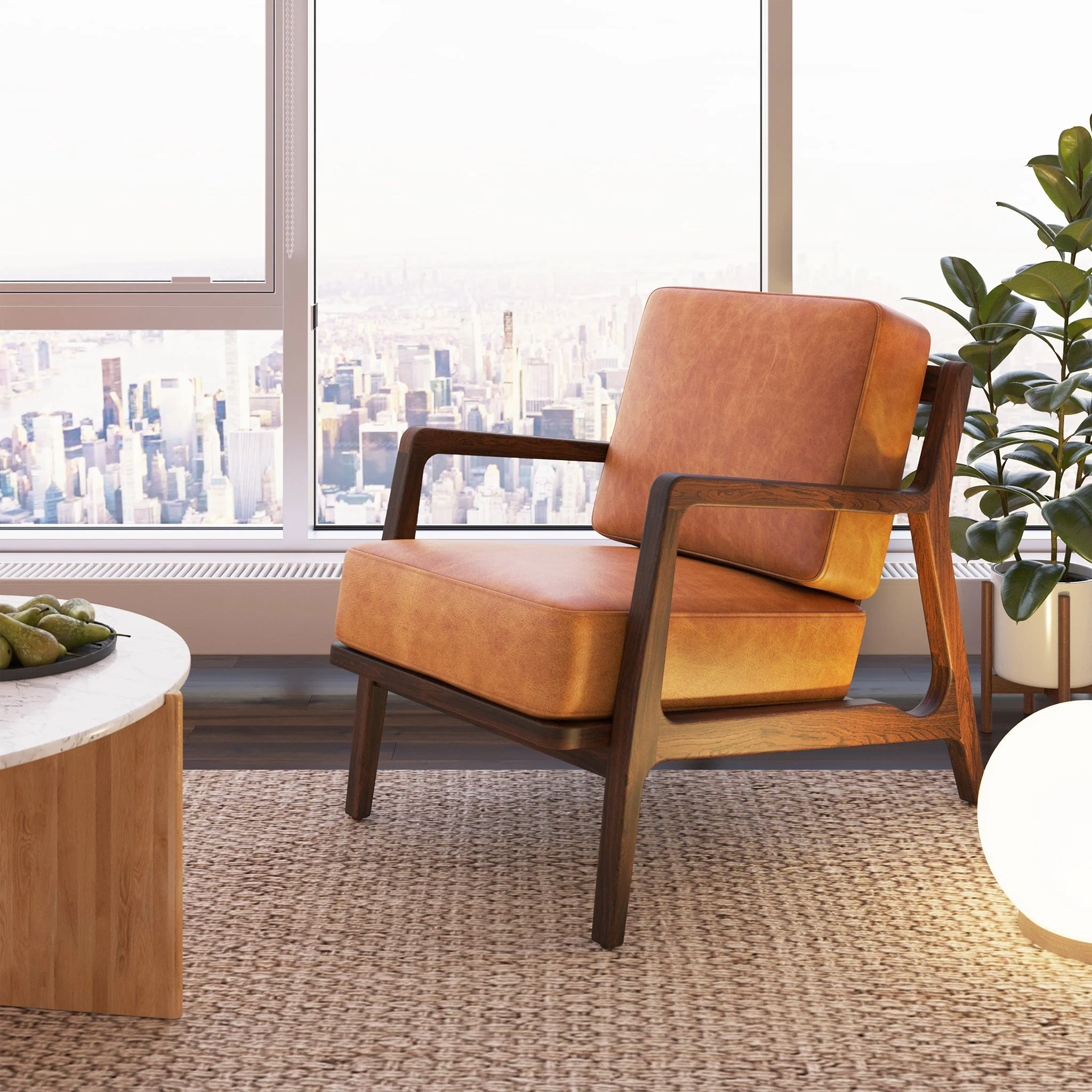 Modern Cognac Tan Leather Lounge Chair with Kiln-Dried Wood Frame
