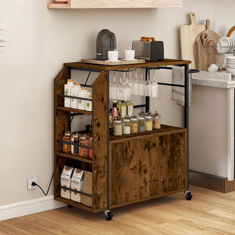 Rolling Portable Kitchen Island Cart With Power Outlet And Open Shelves