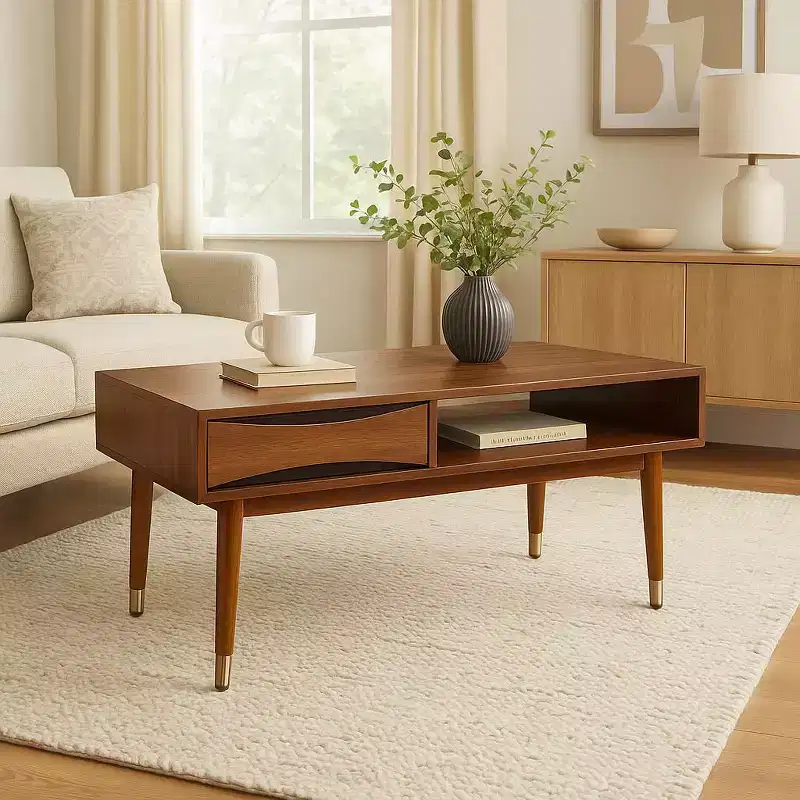 Mid-Century Modern Coffee Table with Drawer & Shelf