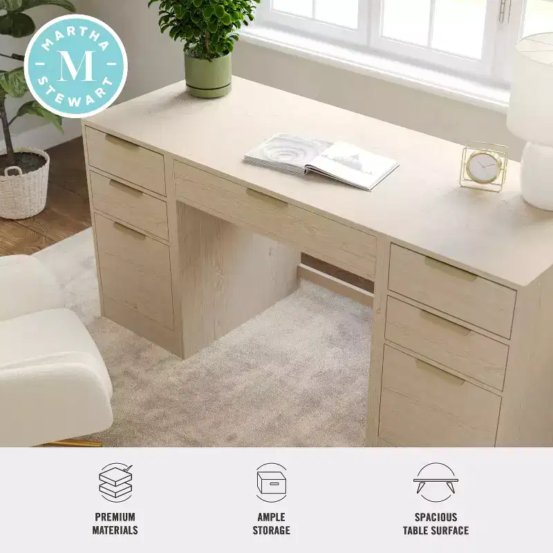 Modular Home Office Desk with Single Drawer & Dual 3-Drawer File Cabinets, Wood Composite