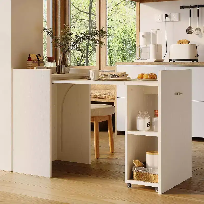 Folding Table with Storage Cabinet & Wheels, Drop Leaf Desk for Kitchen, Home Office and Bedroom