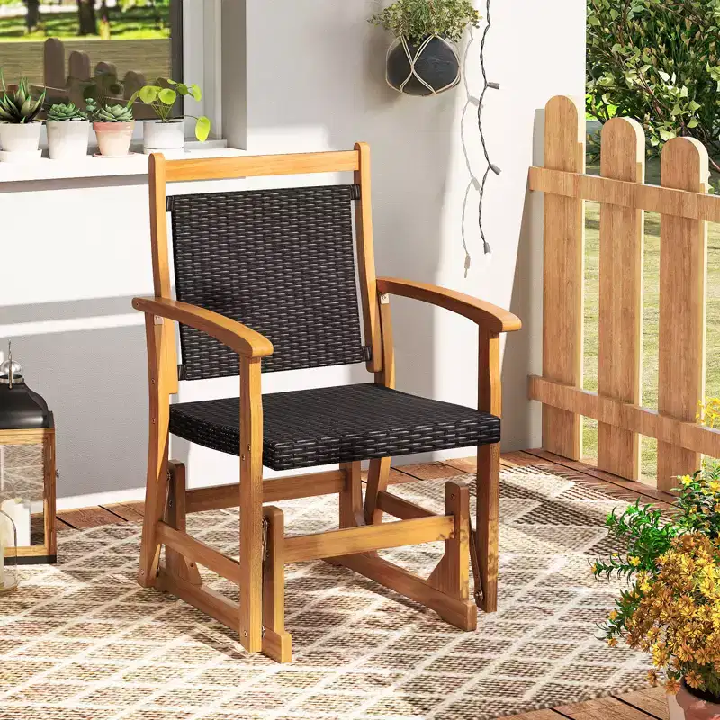 Costway Patio Rattan Glider Chair w/ Acacia Wood Frame & Wicker Seat Back Armrests