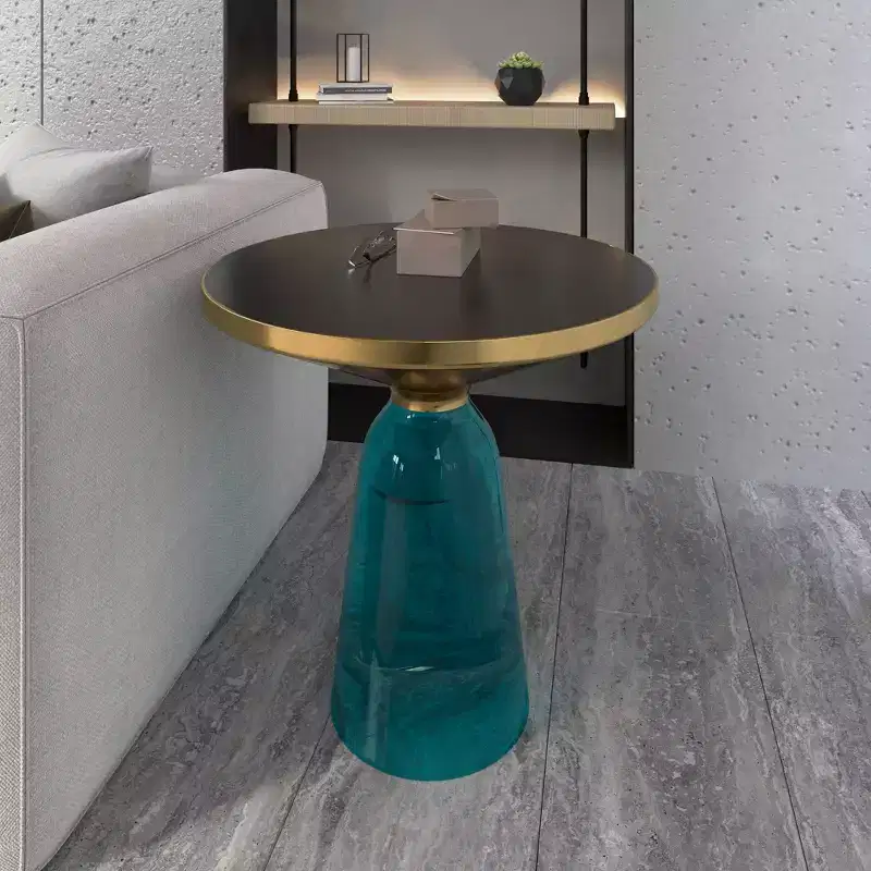 LeisureMod Tully Round Side Table, Gold Rim with Glass/ Sintered Stone Top