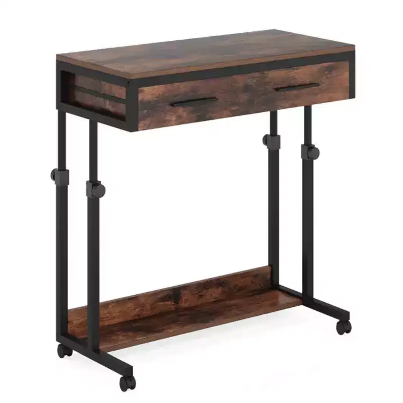Mobile Office Desk End Table, Height Adjustable Rolling Writing Table with Drawer Shelf, Black and Brown
