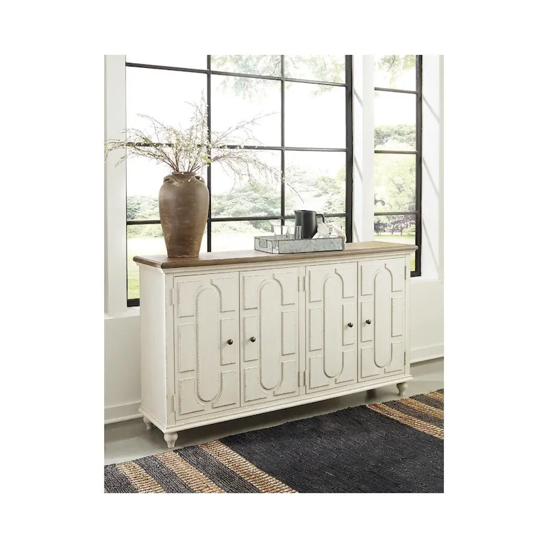 4-Door Raised Panel Accent Cabinet with 2 Adjustable Shelves – Antique White & Brown, Cottage Style