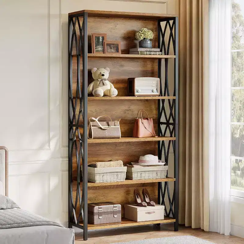 70.87 Industrial Bookshelf, 6-Tier Bookcase with Geometric Metal Frame & Open Storage Shelves for Home Office, Living Room, Brown