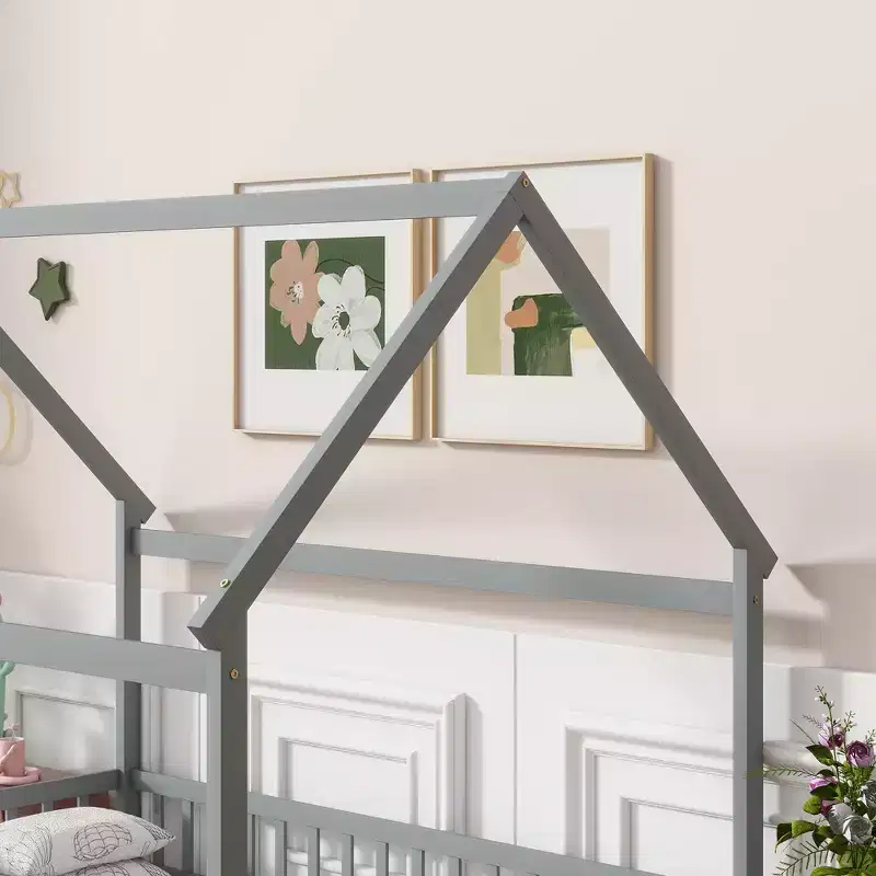 MAYEERTY Full House Floor Wooden Bed with Floor Frames, Safety Guardrails Gray