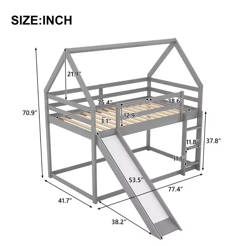 Twin over Twin Floor Bunk Bed, Twin Size House Bunk Bed with Slide, Ladder, Guardrail and Roofs for Girls Boys