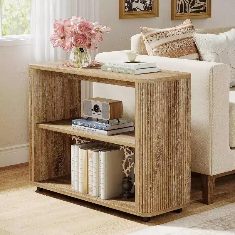 Narrow Side Table, 3-Tier End Table with Storage Shelves, Farmhouse Bedside Table for Bedroom, Living Room, Small Spaces, Natural