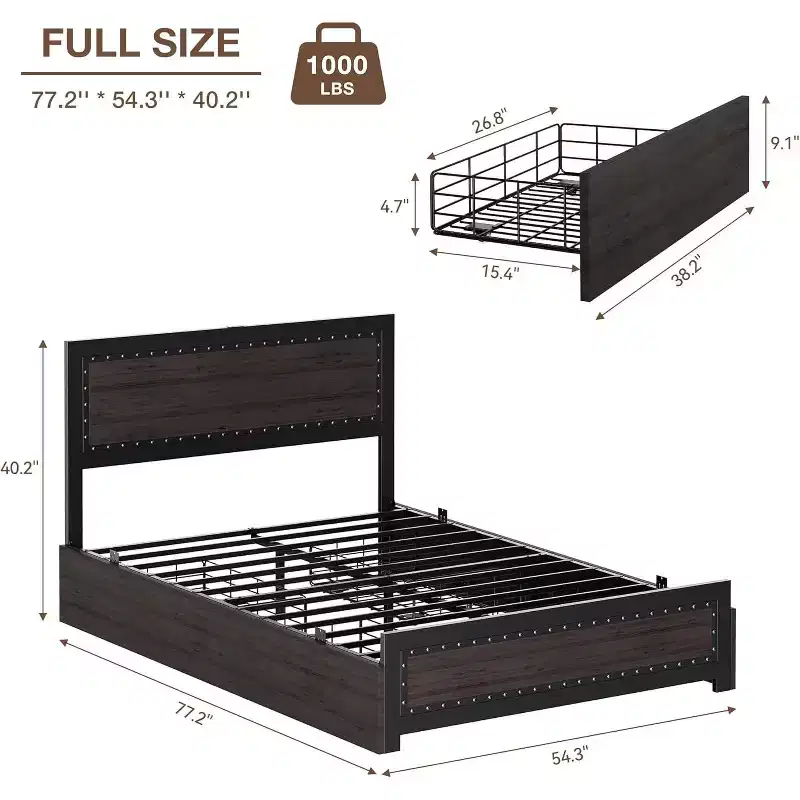 Full Size Platform Bed Frame with 4 Drawers & Headboard, Dark Grey / Light Grey, Sleeps 1–2