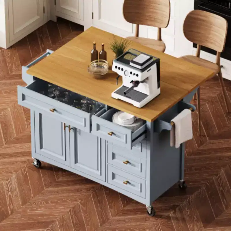 52 Blue Embossed Texture Kitchen Island with Drop Leaf, Kitchen Storage Cart with Adjustable Shelf for Kitchen Dining Room